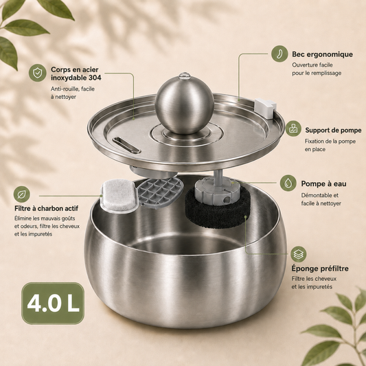 Feryn Sphère | Fontaine à eau inox pour chat 4L Feryn