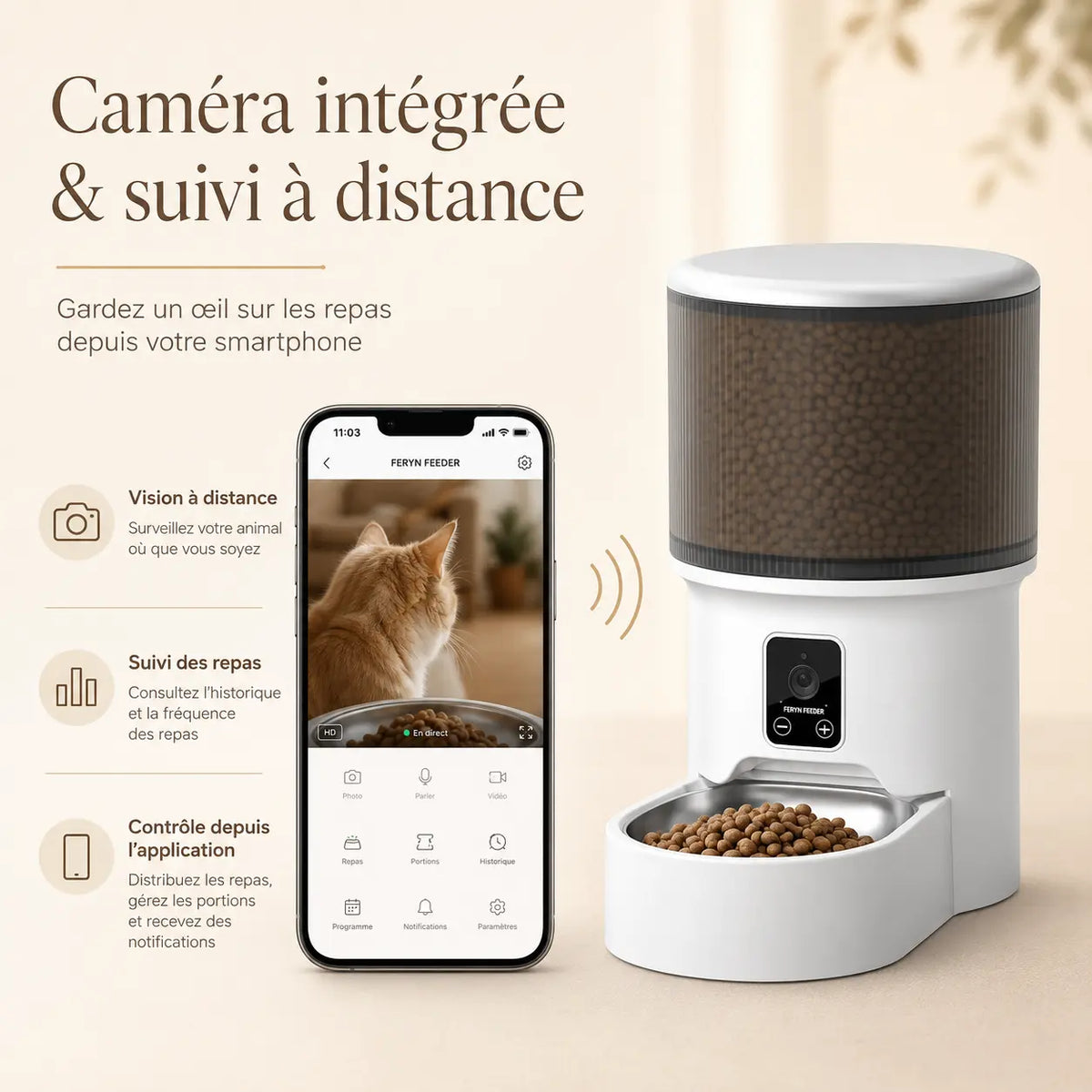 Distributeur de croquettes automatique 4L pour chat — bol inox, WiFi & caméra | Feryn