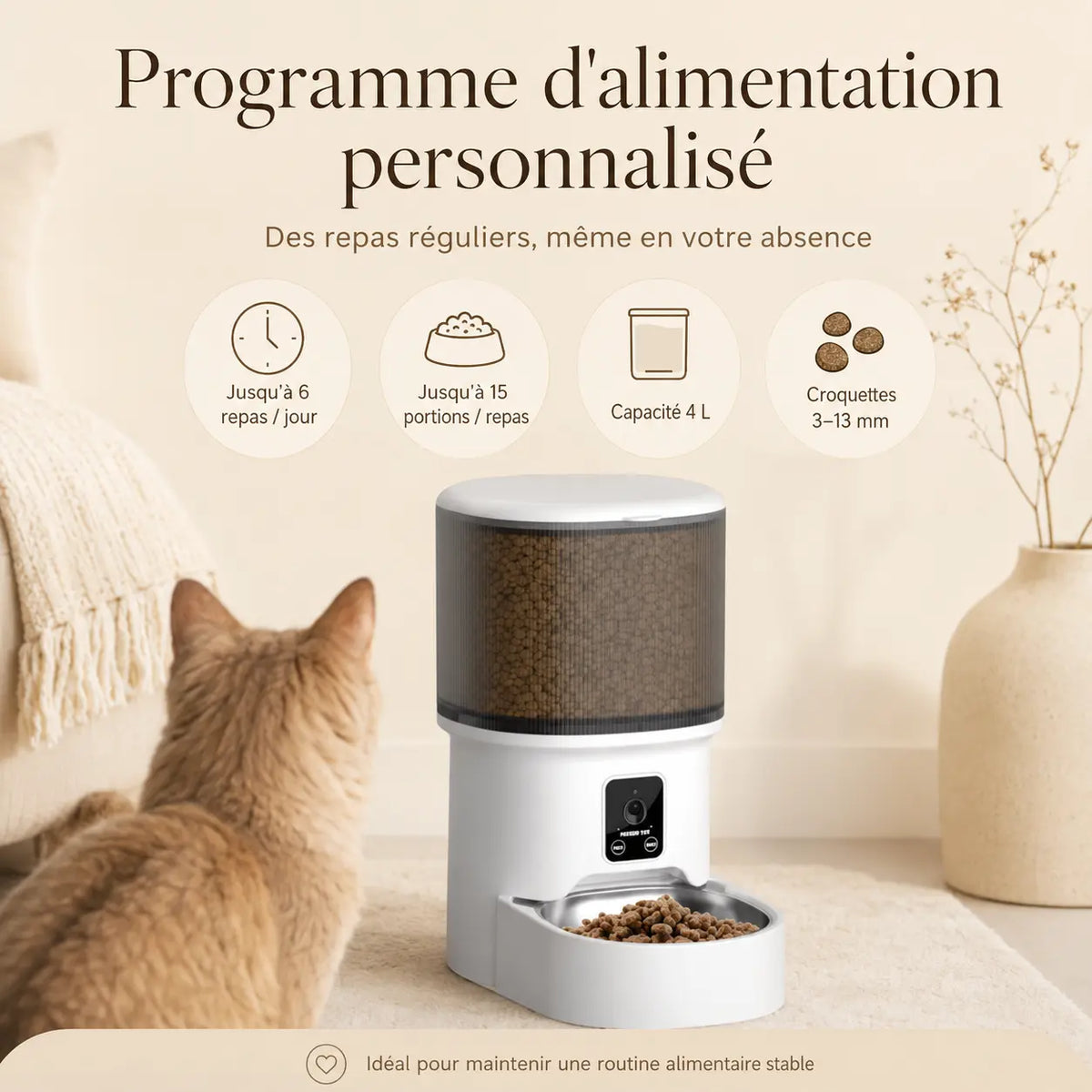 Distributeur de croquettes automatique 4L pour chat — bol inox, WiFi & caméra | Feryn