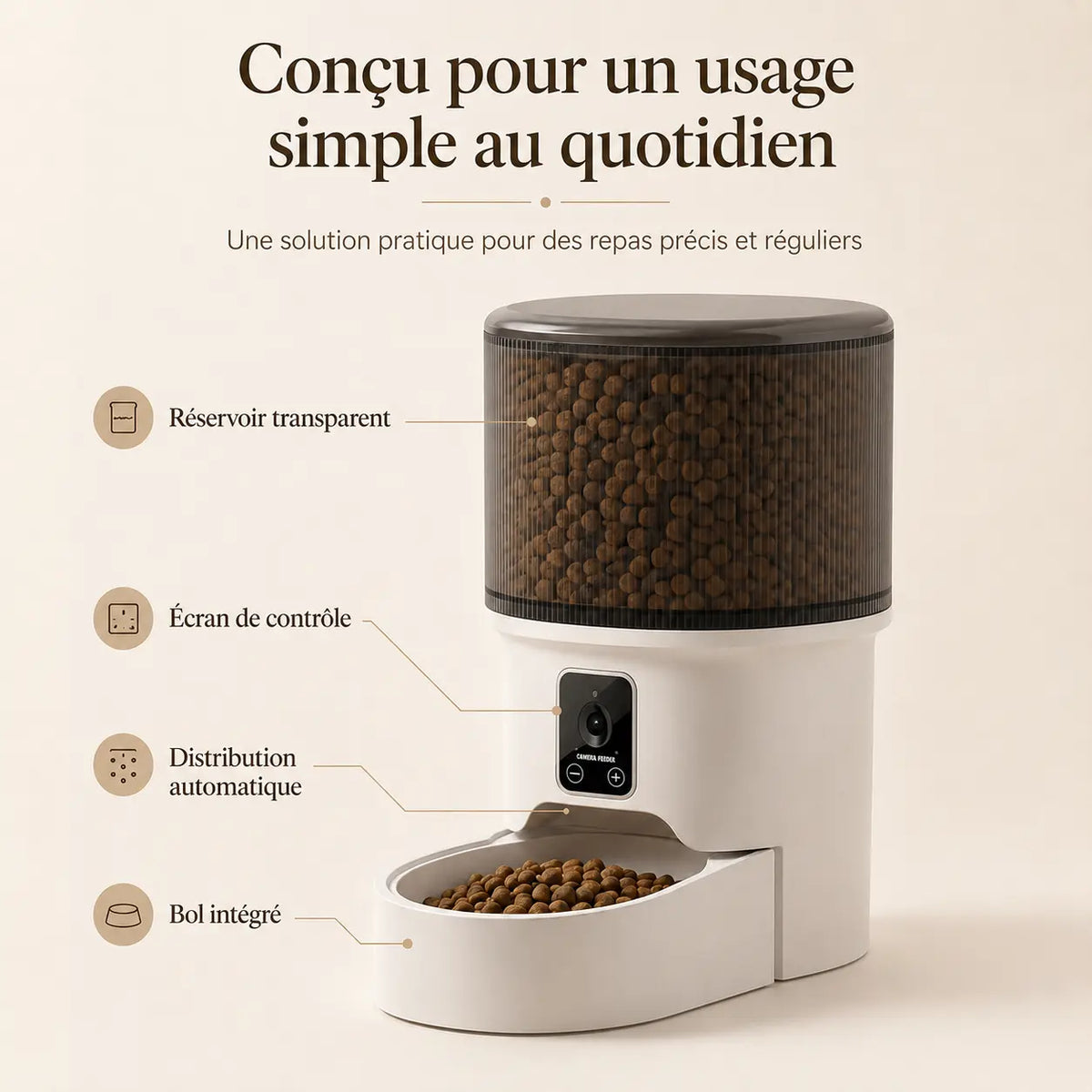 Distributeur de croquettes automatique 4L pour chat — bol inox, WiFi & caméra | Feryn