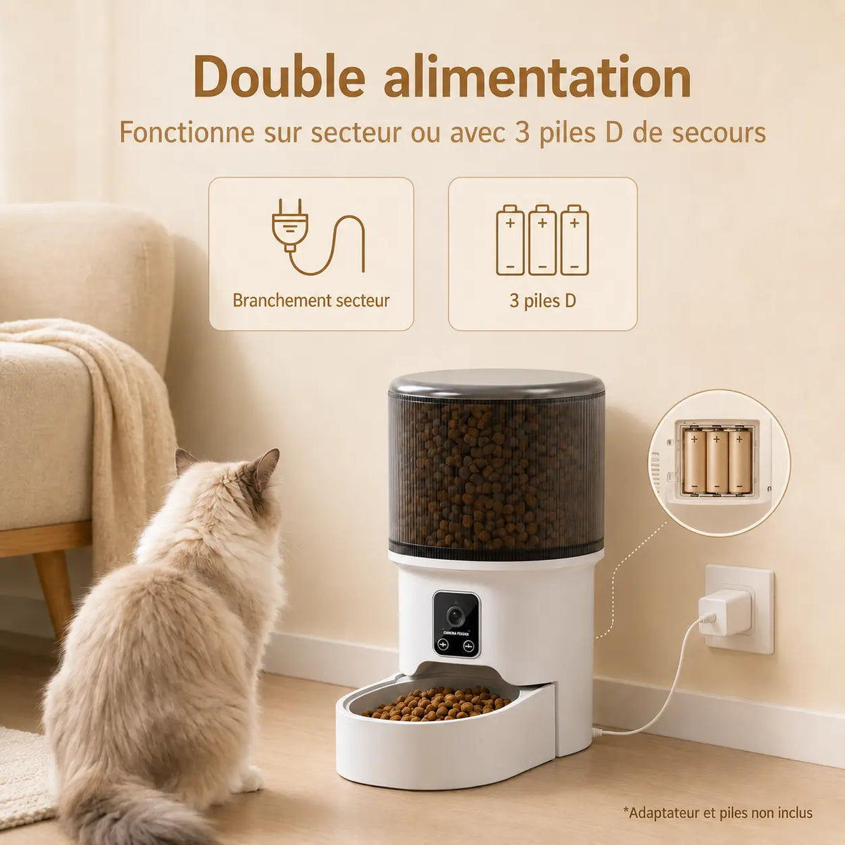 Distributeur de croquettes automatique 4L pour chat — bol inox, WiFi & caméra | Feryn