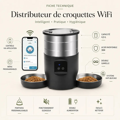 Distributeur de croquettes automatique 2 bols inox pour chat — WiFi | Feryn