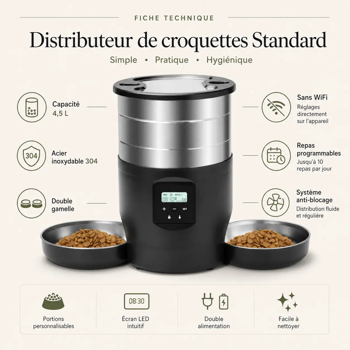 Distributeur de croquettes automatique 2 bols inox pour chat — WiFi | Feryn