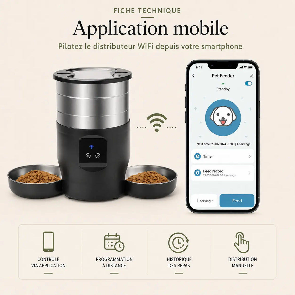 Distributeur de croquettes automatique 2 bols inox pour chat — WiFi | Feryn