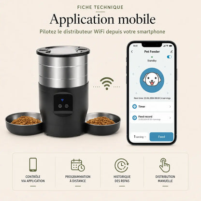Distributeur de croquettes automatique 2 bols inox pour chat — WiFi | Feryn