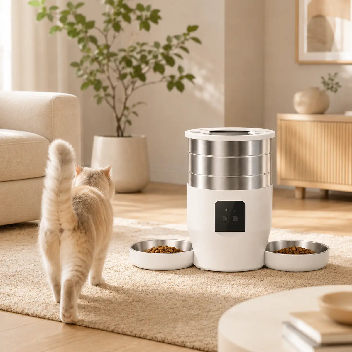 Distributeur de croquettes automatique 2 bols inox pour chat — WiFi | Feryn