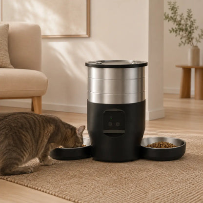 Distributeur de croquettes automatique 2 bols inox pour chat — WiFi | Feryn