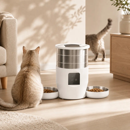 Distributeur de croquettes automatique 2 bols inox pour chat — WiFi | Feryn