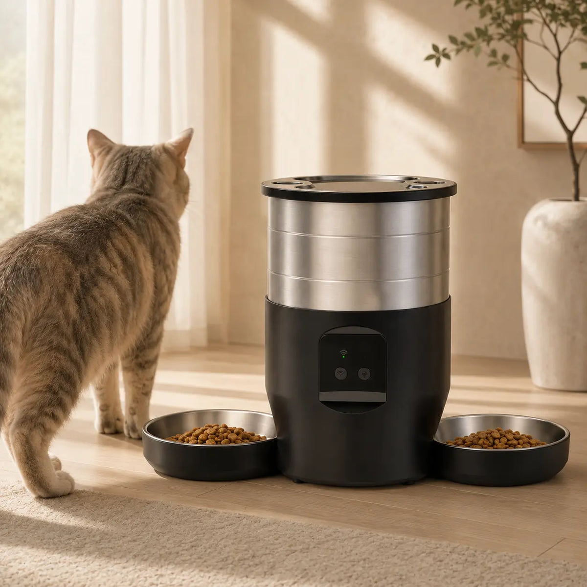 Distributeur de croquettes automatique 2 bols inox pour chat — WiFi | Feryn