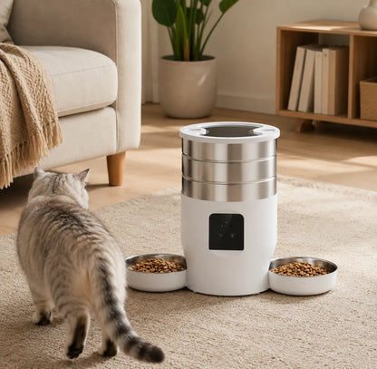 Distributeur de croquettes automatique 2 bols inox pour chat — WiFi | Feryn