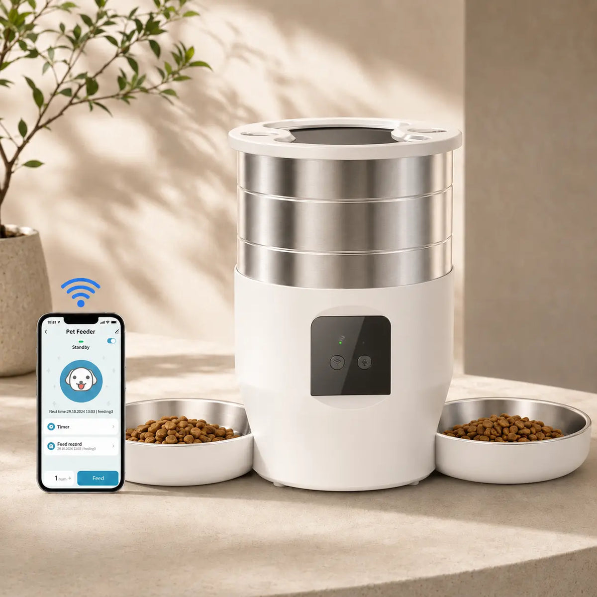 Distributeur de croquettes automatique 2 bols inox pour chat — WiFi | Feryn