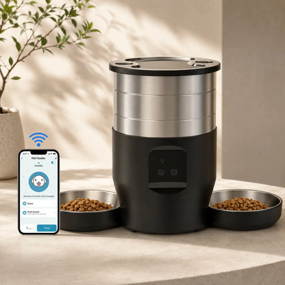 Distributeur de croquettes automatique 2 bols inox pour chat — WiFi | Feryn