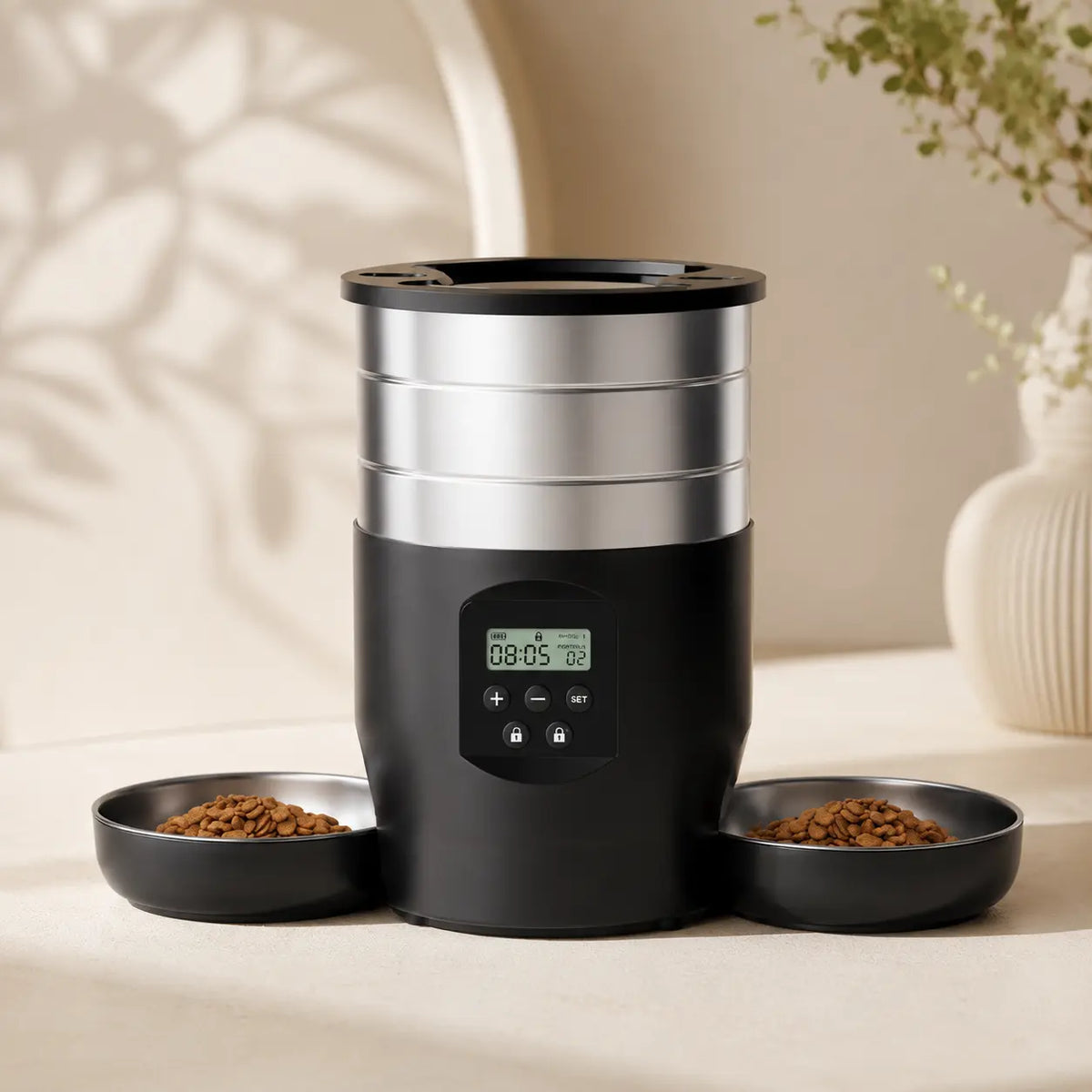 Distributeur de croquettes automatique 2 bols inox pour chat — WiFi | Feryn