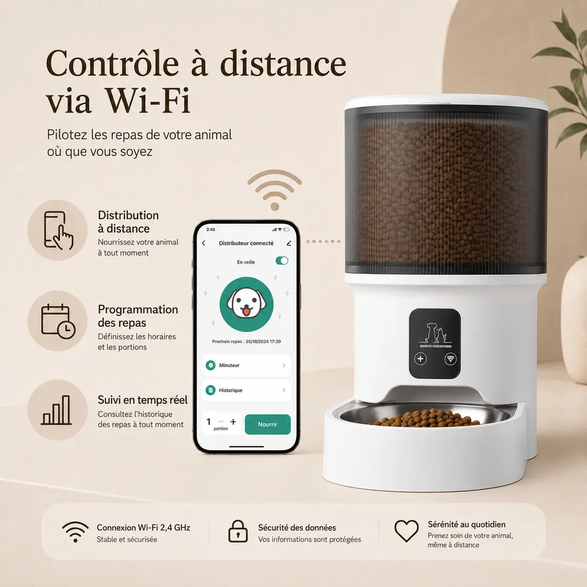 Distributeur de croquettes automatique 4L pour chat — bol inox, WiFi & caméra | Feryn