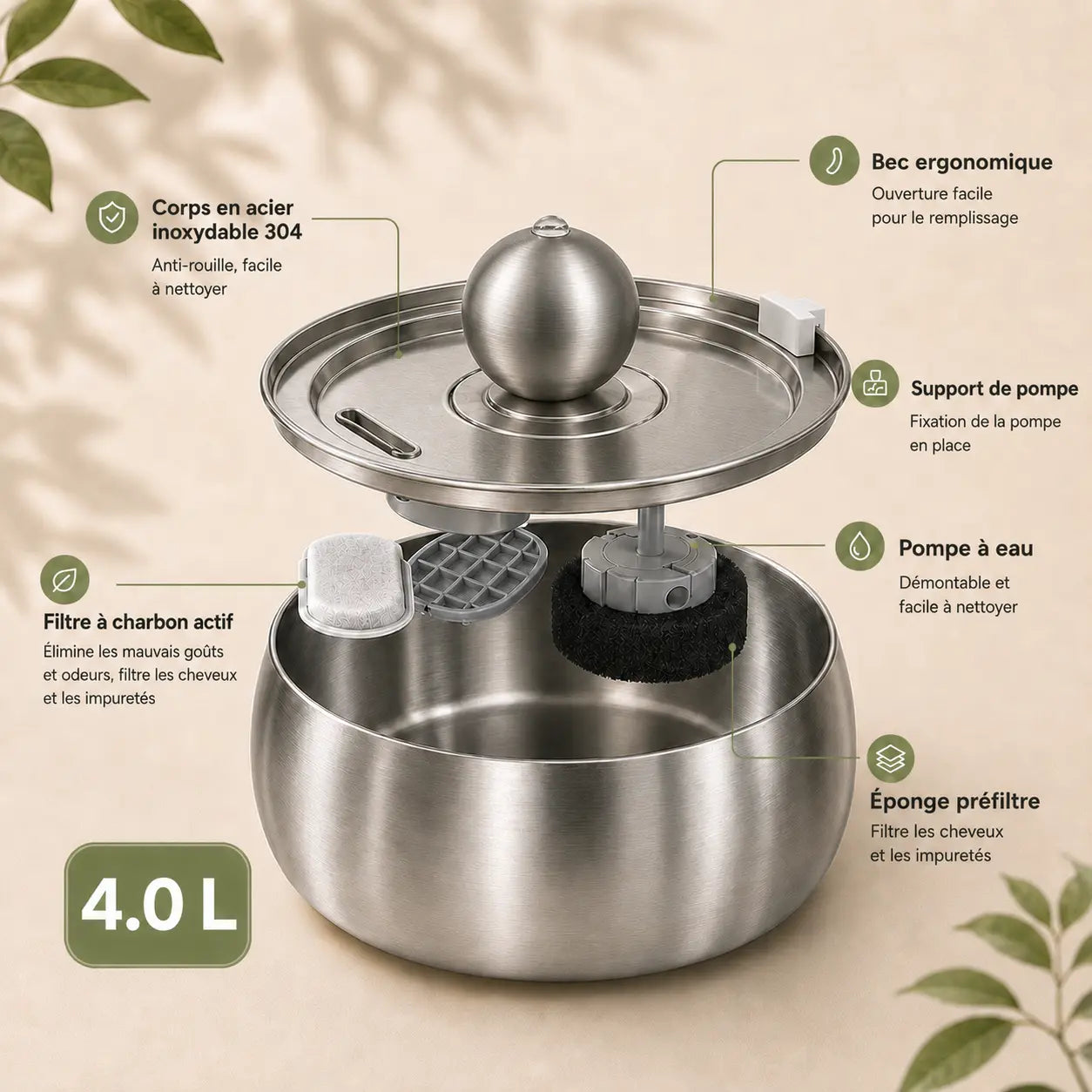 Feryn Sphère | Fontaine à eau inox pour chat 4L