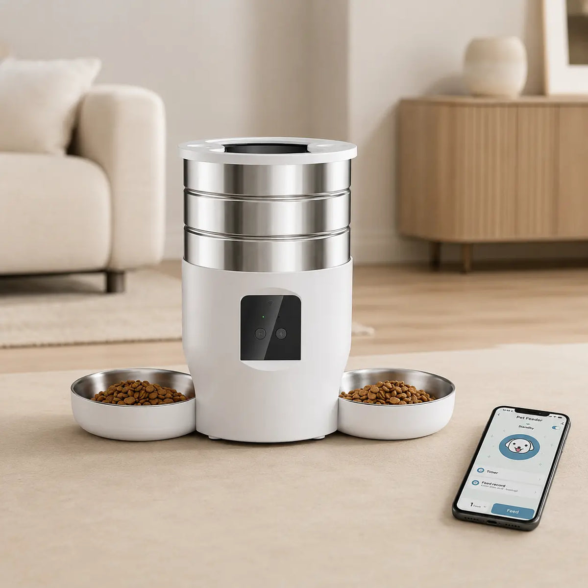 Distributeur de croquettes automatique 2 bols inox pour chat — WiFi | Feryn